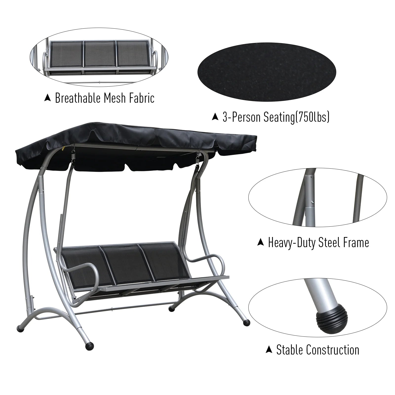 Outsunny 3 Person Patio Swing Seats, Porch Swing with Stand & Adjustable Canopy, Heavy Duty Outdoor Swing Chair Bench for Adults, Black
