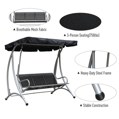 Outsunny 3 Person Patio Swing Seats, Porch Swing with Stand & Adjustable Canopy, Heavy Duty Outdoor Swing Chair Bench for Adults, Black
