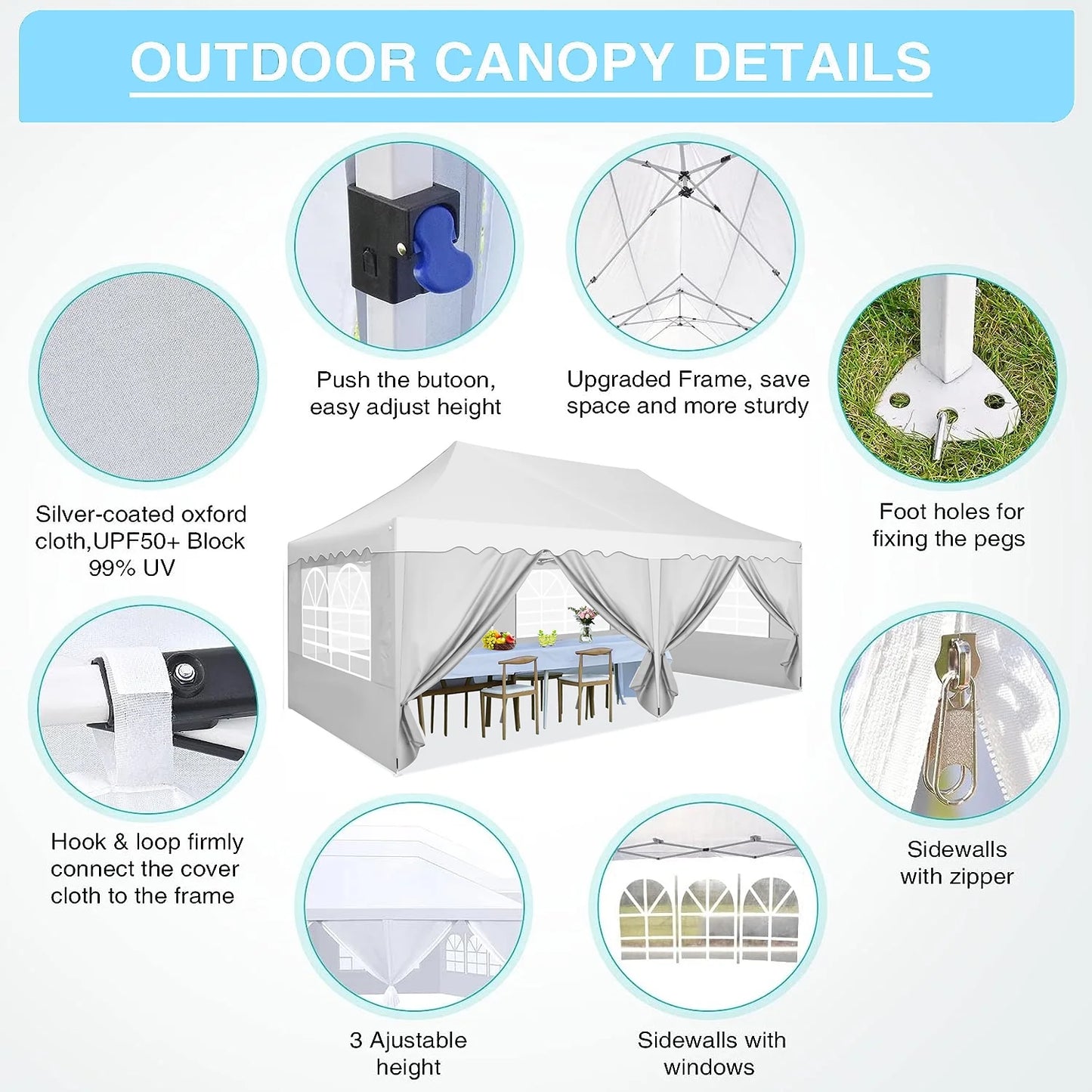 HOTEEL Canopy 10'x20' Pop Up Canopy Tent Heavy Duty Waterproof Adjustable Commercial Instant Canopy Outdoor Party Canopy Parties,Wedding,Outside Patio,Event,Backyard,White