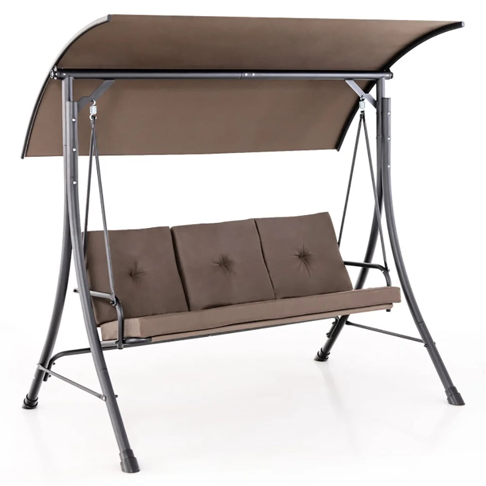 Yardi Yard 3-Seat Outdoor Porch Swing with Adjustable Canopy and Padded Cushions-Brown for Front Porch, Poolside, Patio, Backyard
