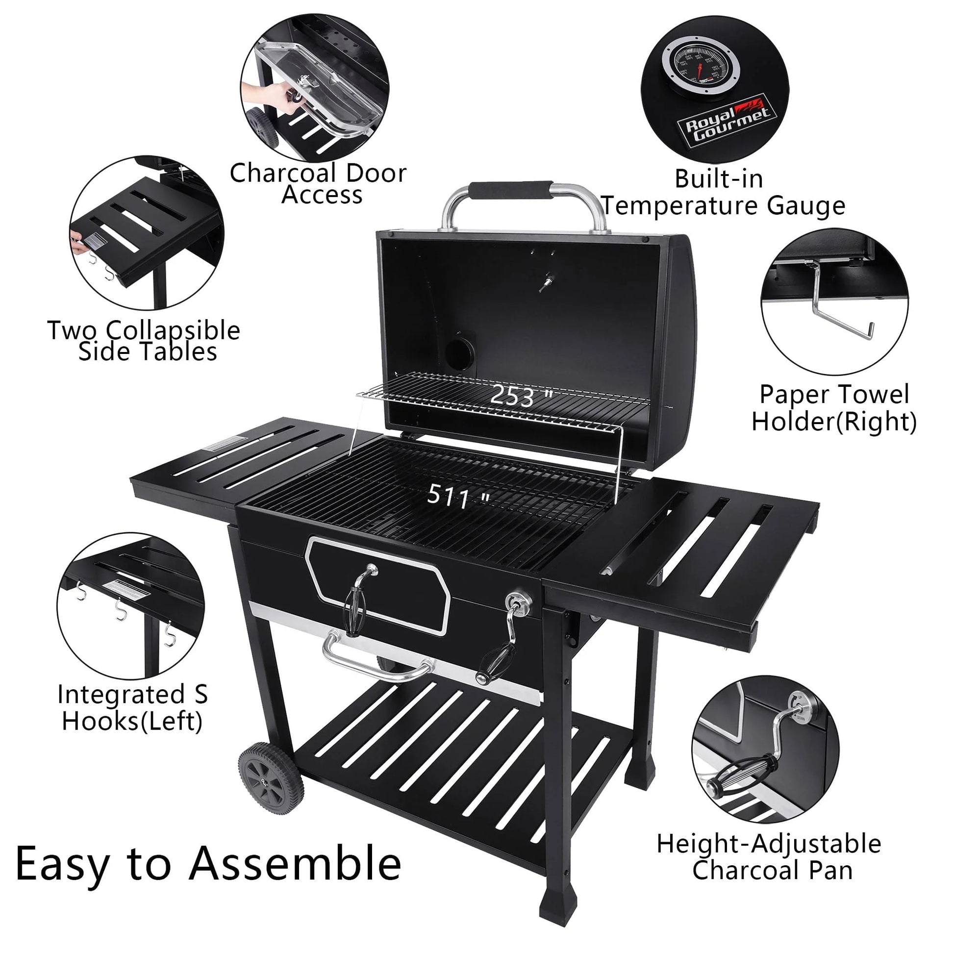 Gourmet 30" CD2030AN Deluxe Charcoal Grill, BBQ Smoker Picnic Camping Patio Backyard Cooking, Black