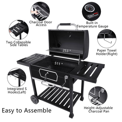 Gourmet 30" CD2030AN Deluxe Charcoal Grill, BBQ Smoker Picnic Camping Patio Backyard Cooking, Black