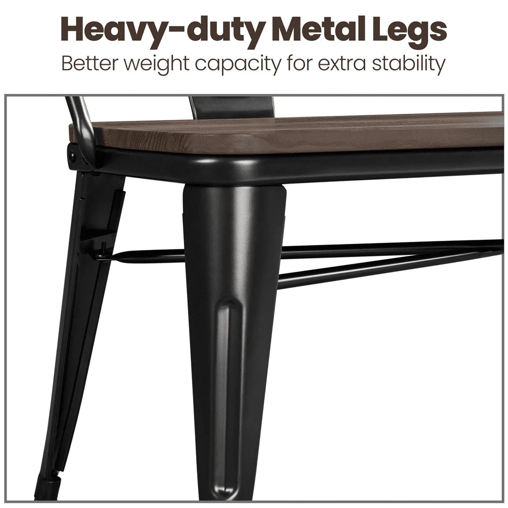 SMILE MART Industrial Metal Dining Bench with Wooden Top for Patio Kitchen Garden, Black