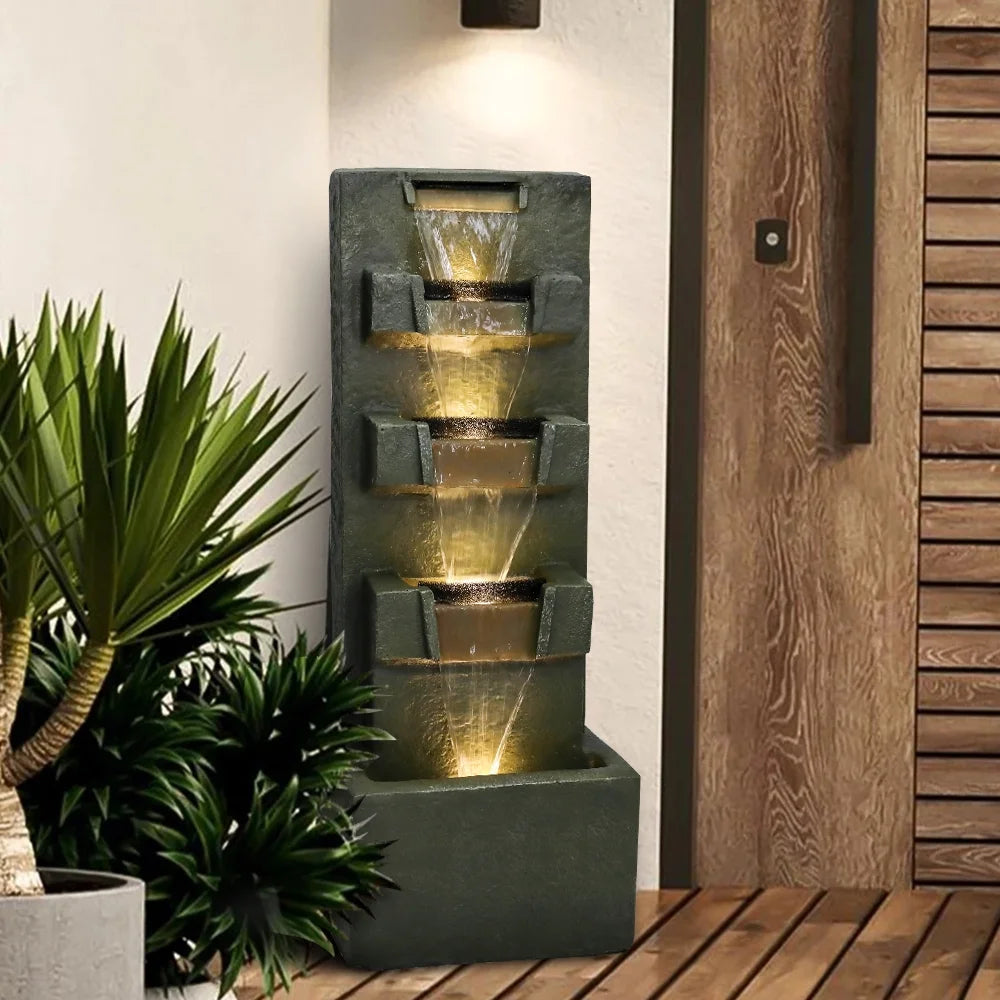 39.3-in High Floor Waterfall Fountain with LED Lights 5-Tier Water Fountain Outdoor Indoor Fiber Reinforced Concrete Fountain for Modern Patio Decor Garden, House, Office, Garden, Home Art Decor