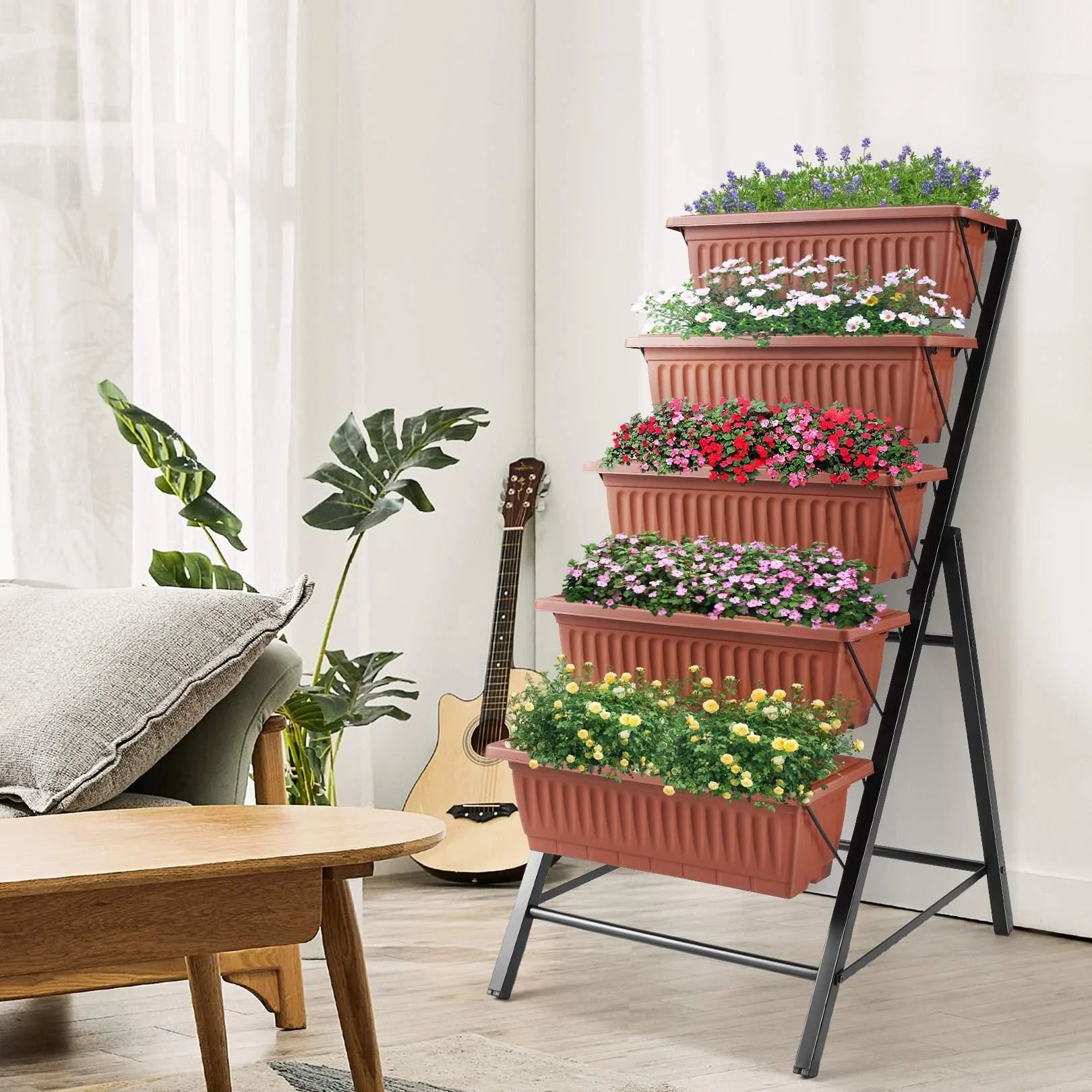 VIBESPARK 4Ft Planter Box 5-Tiers Vertical Raised Garden Bed with Drain for Patio Vegetables, Flowers Herb, 26" x 22.75" x 44.75"