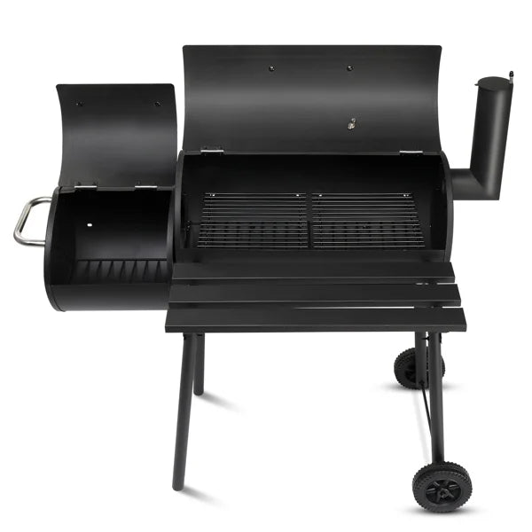 Barrel Charcoal Grill with Offset Smoker, Heavy-Duty Metal, Large Cooking Area, Mobile with Wheels for Backyard/Patio Gatherings