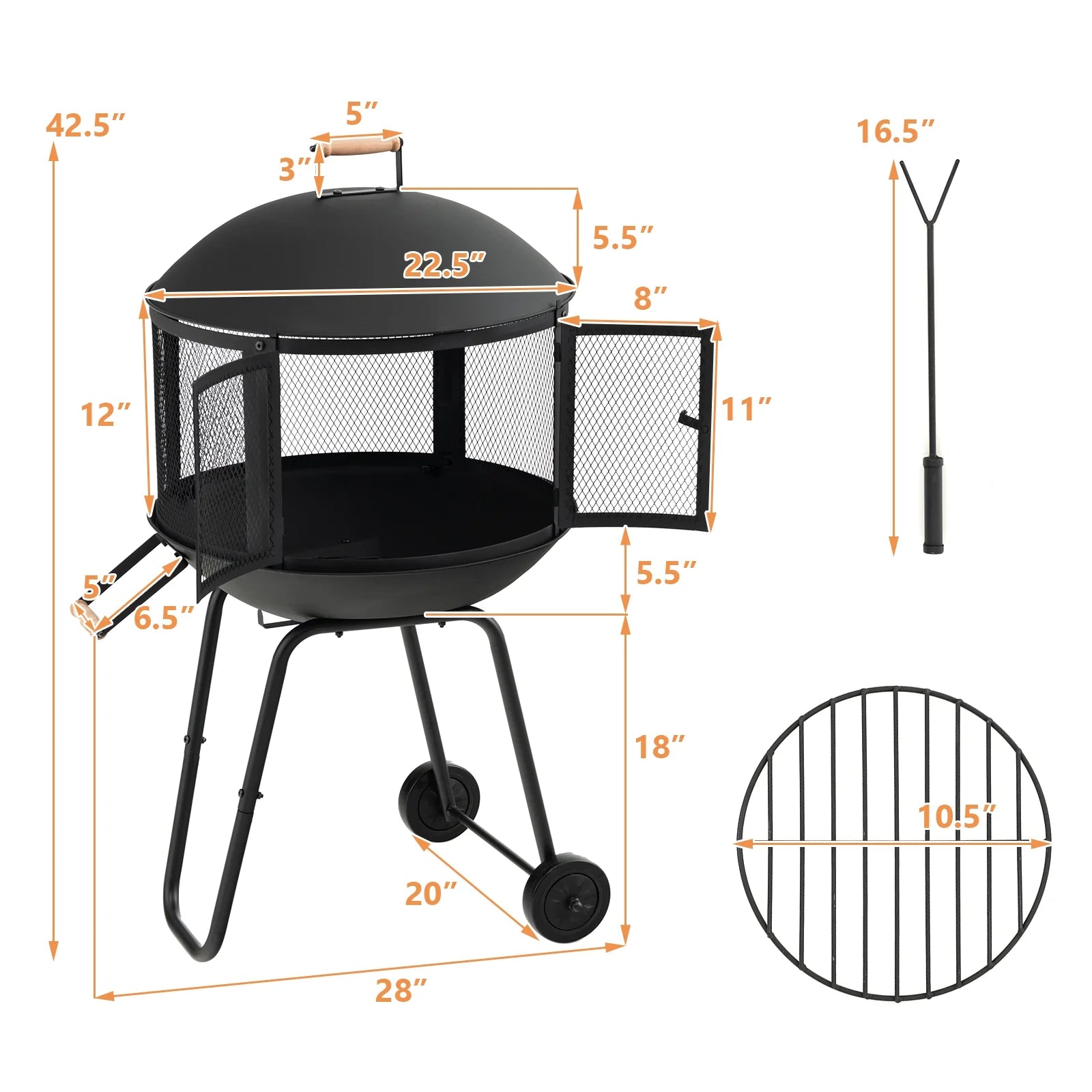 Topbuy Portable Fire Pit w/Wheels 28" Wood Burning Fire Pit w/Log Grate Poker Rolling Patio Fireplace Bonfire Firepit for Outdoor Entertaining