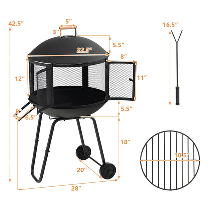 Topbuy Portable Fire Pit w/Wheels 28" Wood Burning Fire Pit w/Log Grate Poker Rolling Patio Fireplace Bonfire Firepit for Outdoor Entertaining