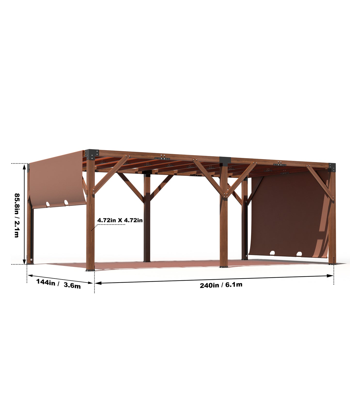 Pinypikaka 12x20ft Wood Pergola, Outdoor Retractable Shade Canopy for Patio Backyard Deck Garden, Reddish-brown