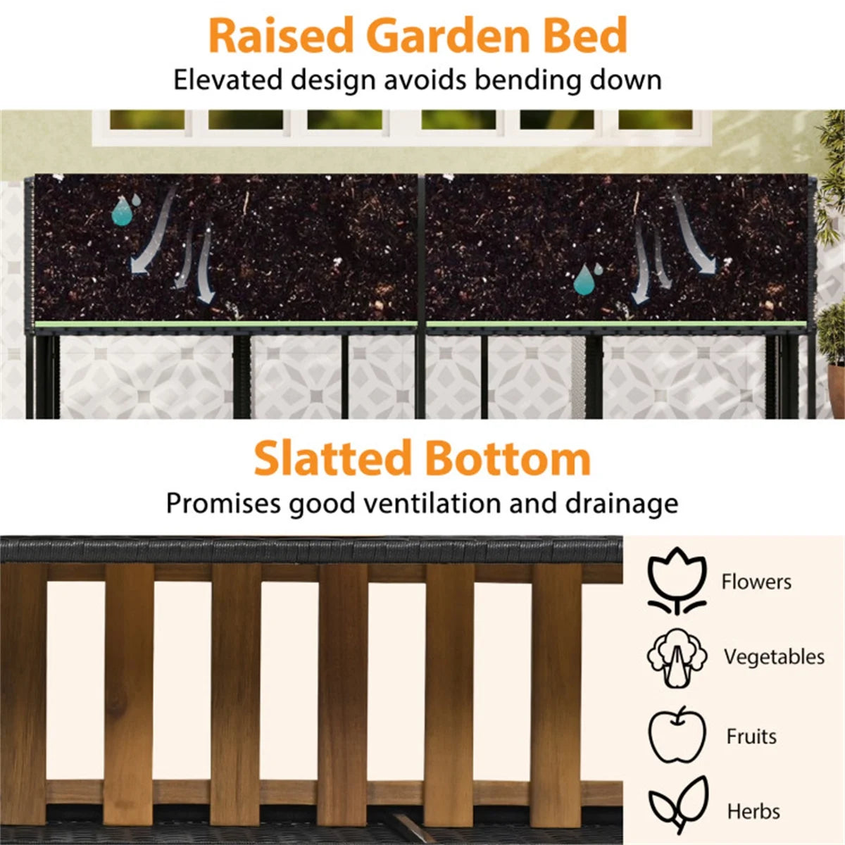 SUREGO Patio Furniture Set with Raised Garden Bed, PE Rattan Garden Planter Table with Built-in Chairs and Storage Space, Acacia Wood Outdoor Conversation Set with Sturdy Metal Frame