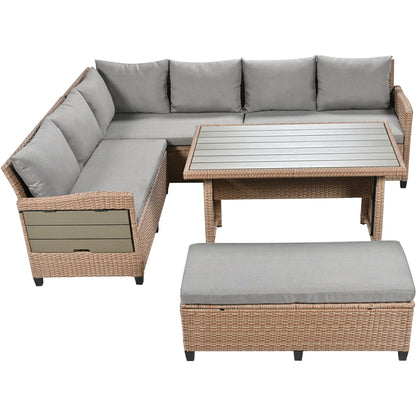 Harper & Bright Designs Outdoor Rattan Sectional Sofa Set with Dining Table, Patio L-Shaped Wicker Conversation Set with 2 Extendable Side Tables, Brown