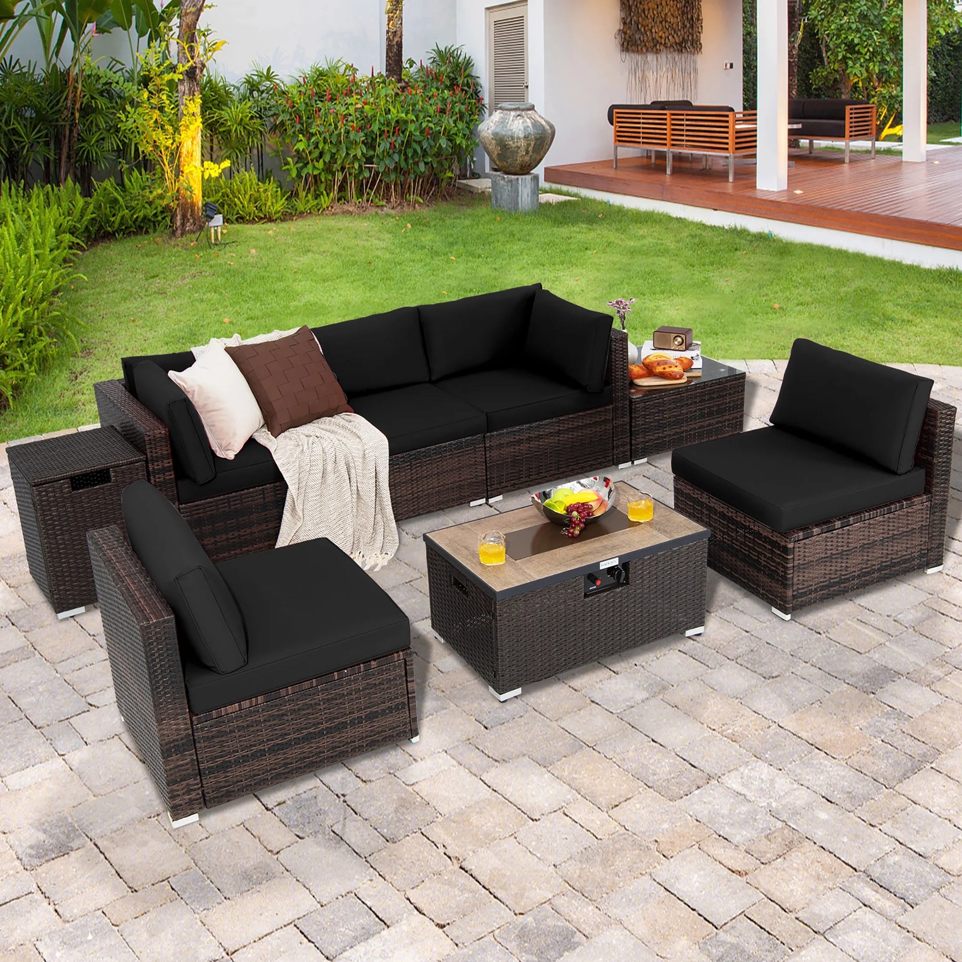 Costway 8PCS Patio Rattan Furniture Set Fire Pit Table Tank Holder Cover Deck Black