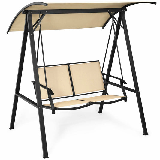 Gymax Patio Canopy Swing Outdoor Swing Chair 2-Person Canopy Hammock Beige