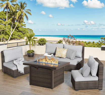 Gaildon 5 Piece Patio Furniture Set with Fire Pit Table, All Weather Outdoor Sectional PE Rattan, Patio Conversation Sets with Cushions for Garden Lawn Balcony Porch Deck, Grey