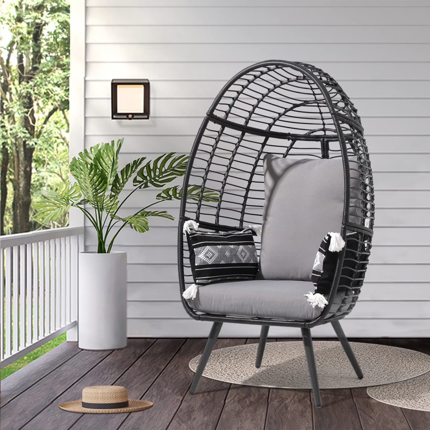 Indoor Outdoor Swing Egg Chair with Stand, Patio Foldable Grey Wicker Rattan Hanging Chair with Cushion, Light Gray