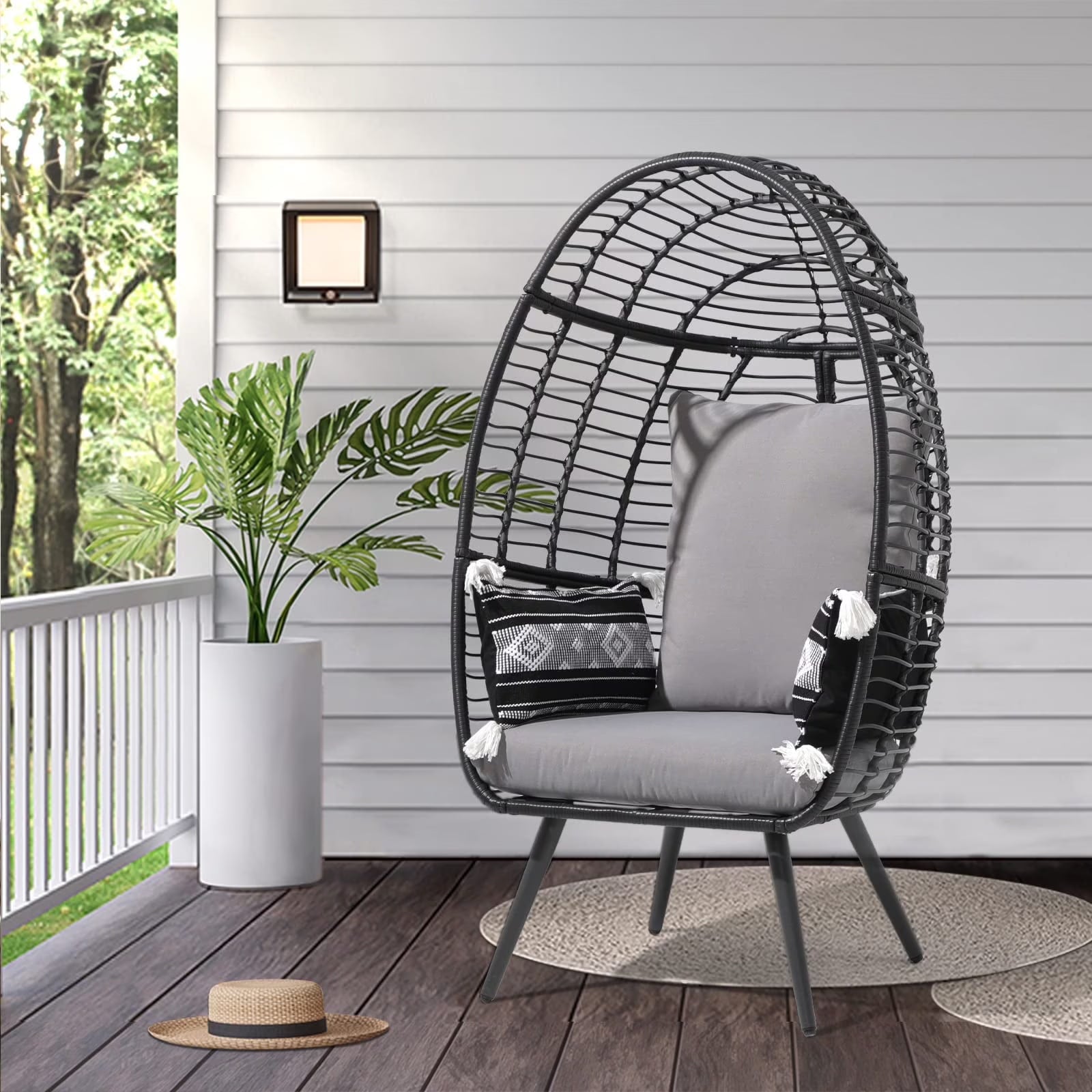 Indoor Outdoor Swing Egg Chair with Stand, Patio Foldable Grey Wicker Rattan Hanging Chair with Cushion, Light Gray