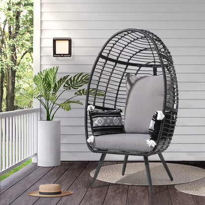 Indoor Outdoor Swing Egg Chair with Stand, Patio Foldable Grey Wicker Rattan Hanging Chair with Cushion, Light Gray