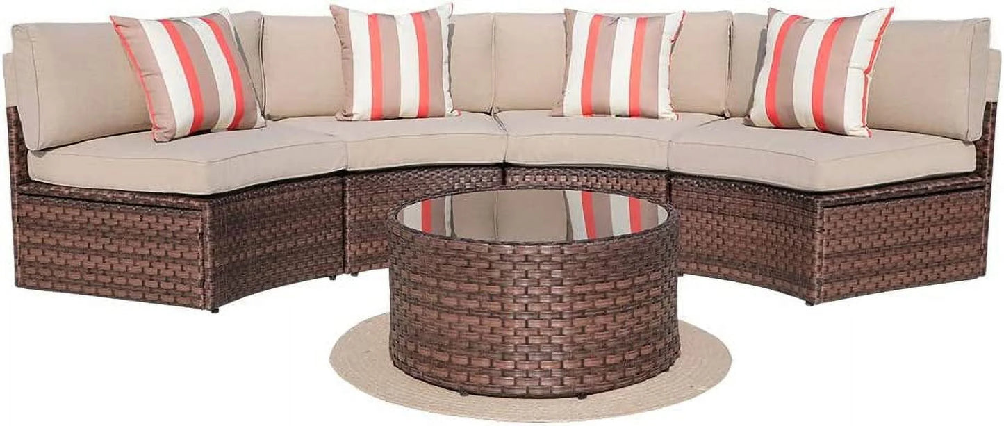 Outdoor Sectional Sofa Set, Half-moon Furniture with Cover, Patio PE Wicker Set with Beige Cushions & Tempered Glass Coffee Table, 5-Piece