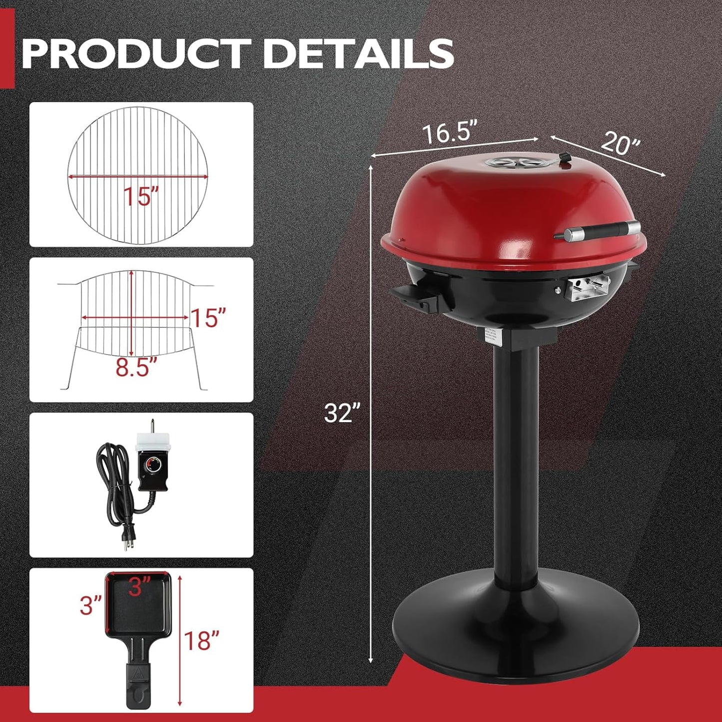 WgoodW Indoor/Outdoor Electric Grill, 1600W Portable Removable Stand Grill with Double Layer Design for BBQ, Patio & Backyard (Red)