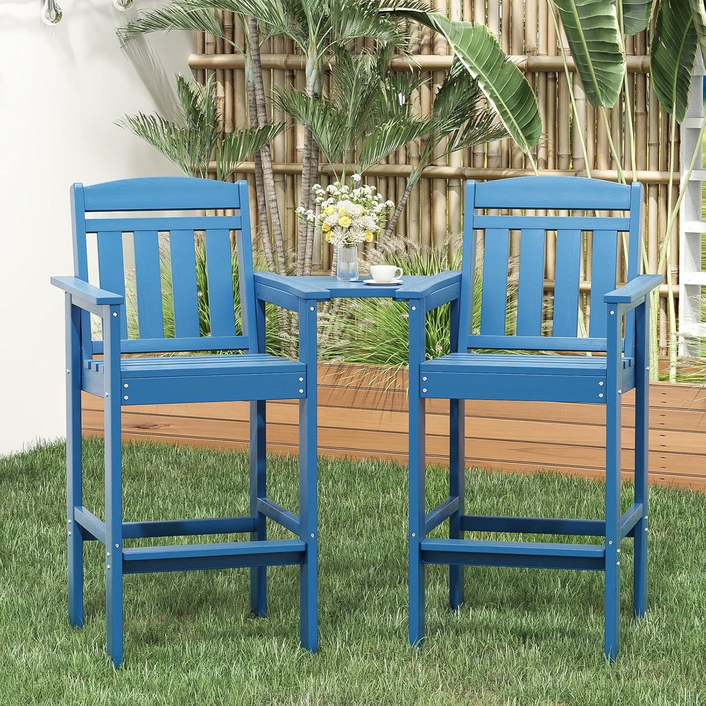 STARY Tall Adirondack Chairs Set of 2, HDPE Adirondack Bar Stools with Connecting Tray, Bar Height Adirondack Chair Patio Barstool, Ideal All Weather Tall Patio Chair for Balcony, Poolside, Backyard