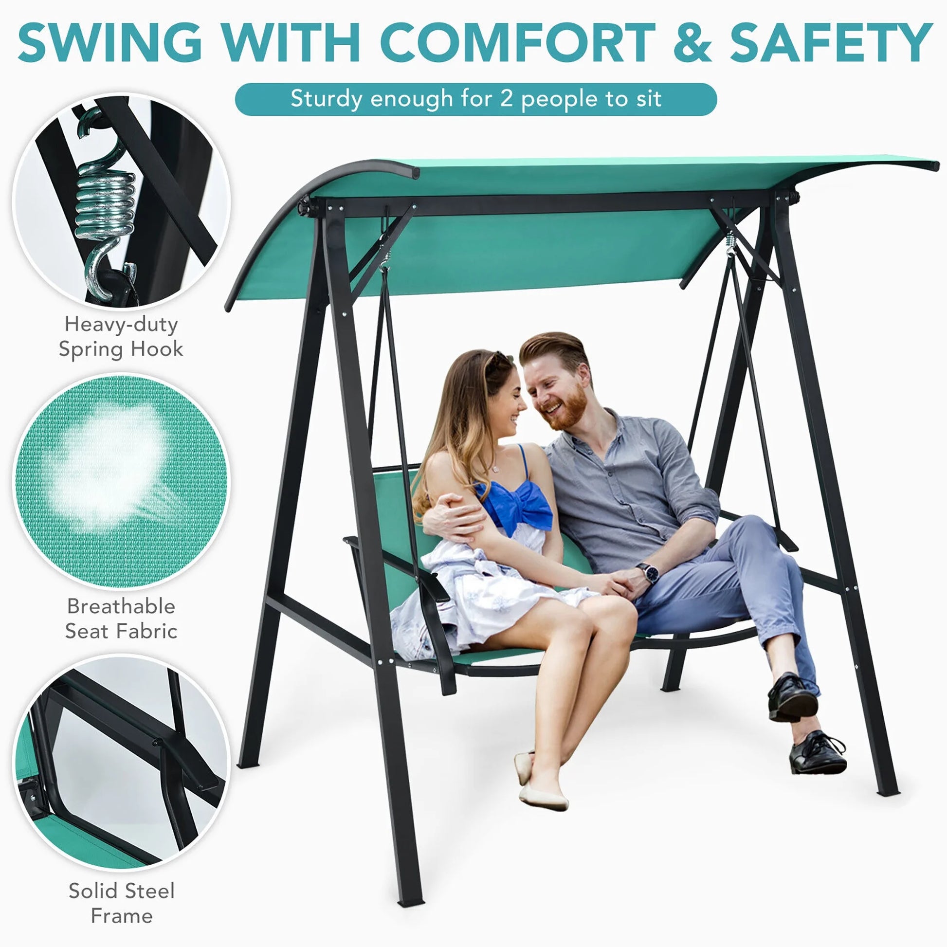 Gymax 2-Person Outdoor Patio Porch Swing Chair w/Adjustable Canopy Turquoise