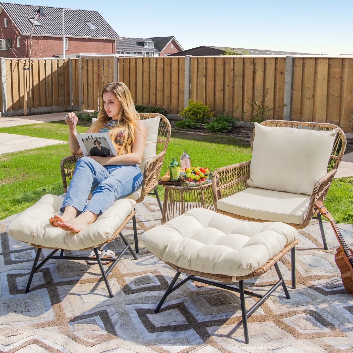 RADIATA 6-Piece Boho Patio Furniture Set, Outdoor Wicker Sectional Sofa Conversation Set with Ice Bucket & Coffee Table, 500lbs Capacity, Beige