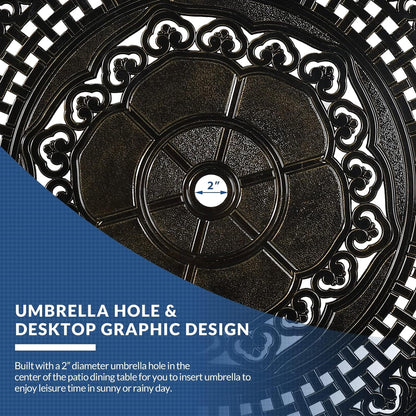 38.5 Inch Outdoor Dining Table Round Patio Table Bronze Cast Aluminum Rustic Large Table with Umbrella Hole
