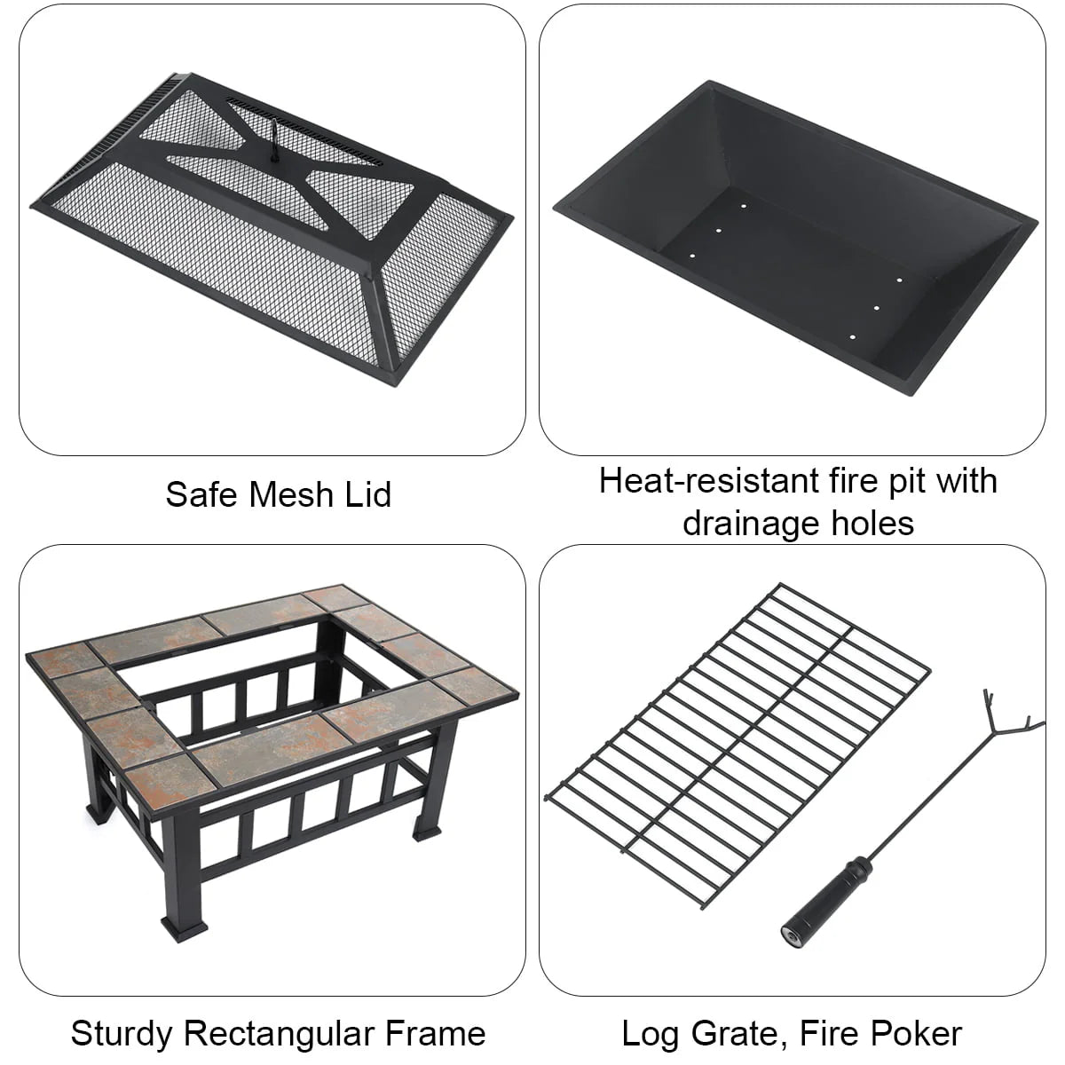 Fire Pits For Outside 37 inch Wood Burning Fire Pit Table With BBQ Grill Cooking Grate Lid Outdoor Fireplace Metal Square Tile Top Firepit Patio Backyard Garden,Black