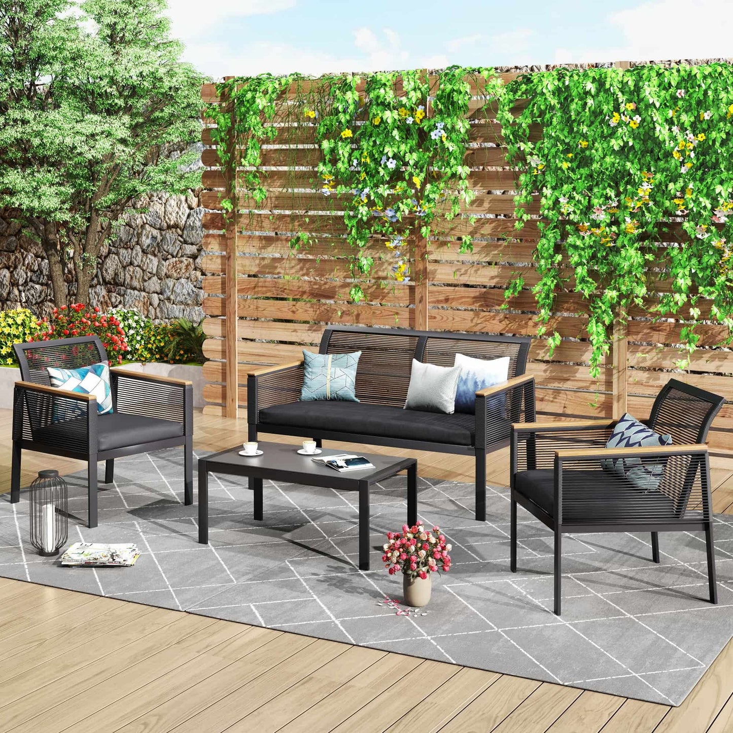SUNTONE Patio Furniture Sofa Set - 4 Piece All Weather Wicker Outdoor Conversation Set, Rattan Chairs and Table, Black
