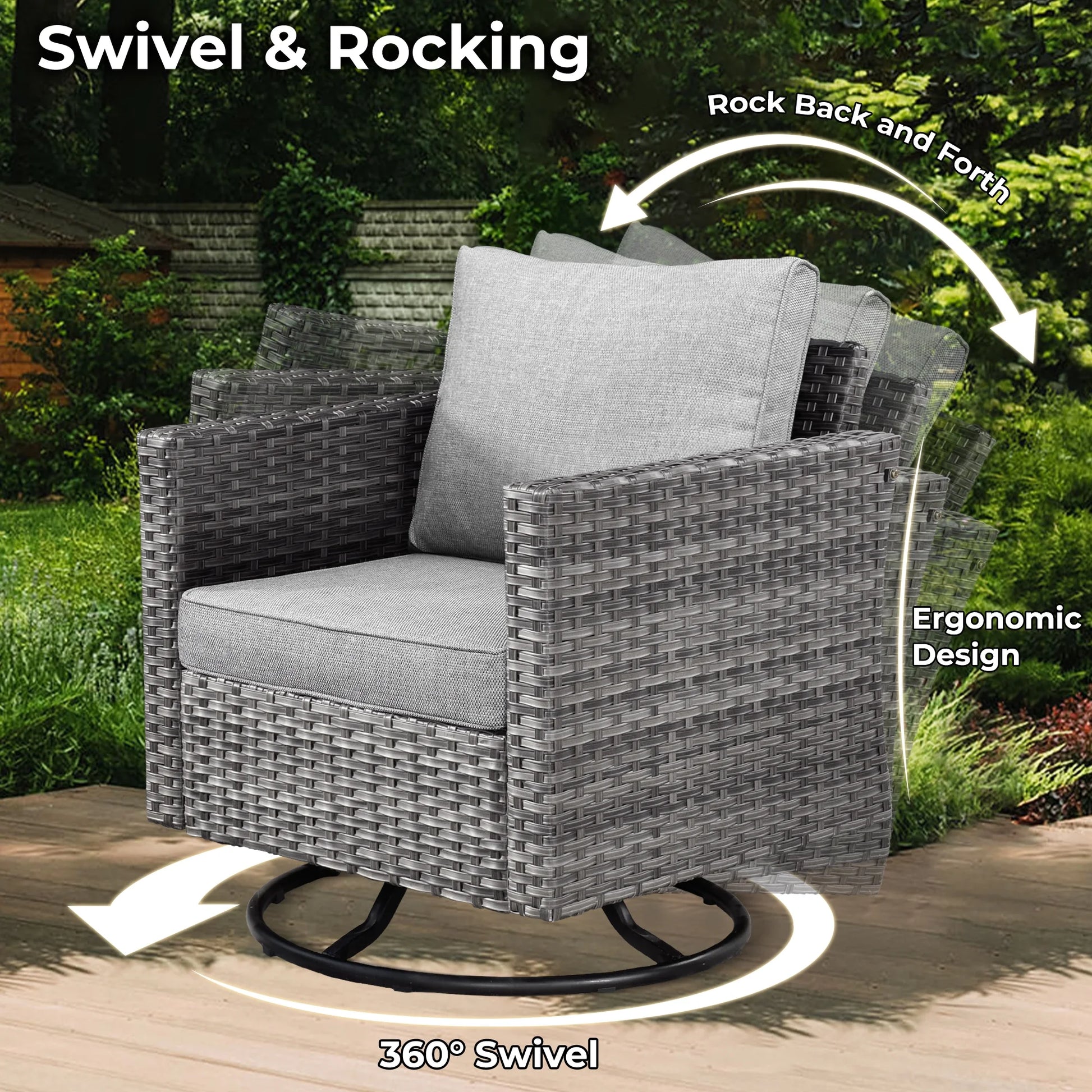 Ovios 11 Pieces Patio Fire Pit Set Outdoor Wicker Sectional Sofa Conversation Set with Swivel Rocking Chairs and Side Table,Dark Gray
