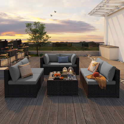 7 Pieces Outdoor Patio Furniture Set, Lofka PE Rattan Sectional Sofa with Tempered Glass Coffee Table & All-Weather Cushions, Patio Conversation Set for Garden, Poolside (Grey)