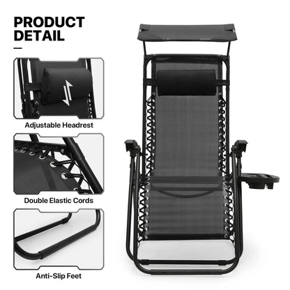 MoNiBloom Zero Gravity Chairs Set of 2, Folding Outdoor Patio Beach Recliner with Canopy Shade & Headrest, Black