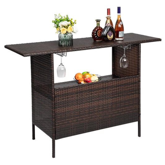 Zimtown Outdoor Wicker Bar Table with 2 Steel Shelves Brown, Patio Bar Table for Storage Function with 2 Tiers