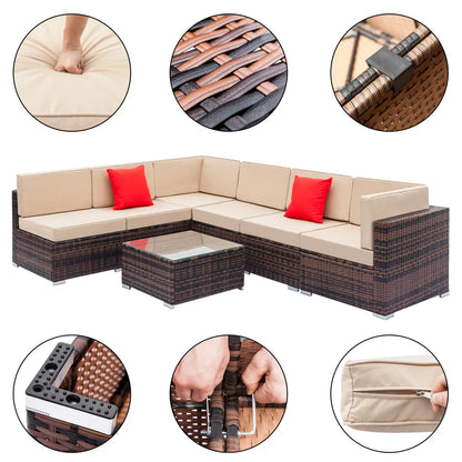 Wicker Patio Sofa Sets, 7 Pieces Outdoor Seating Sets, Lounge Sofa and Tempered Glass Coffee Table, Deck Front Garden Furniture Set, Brown Rattan + Beige Cushion