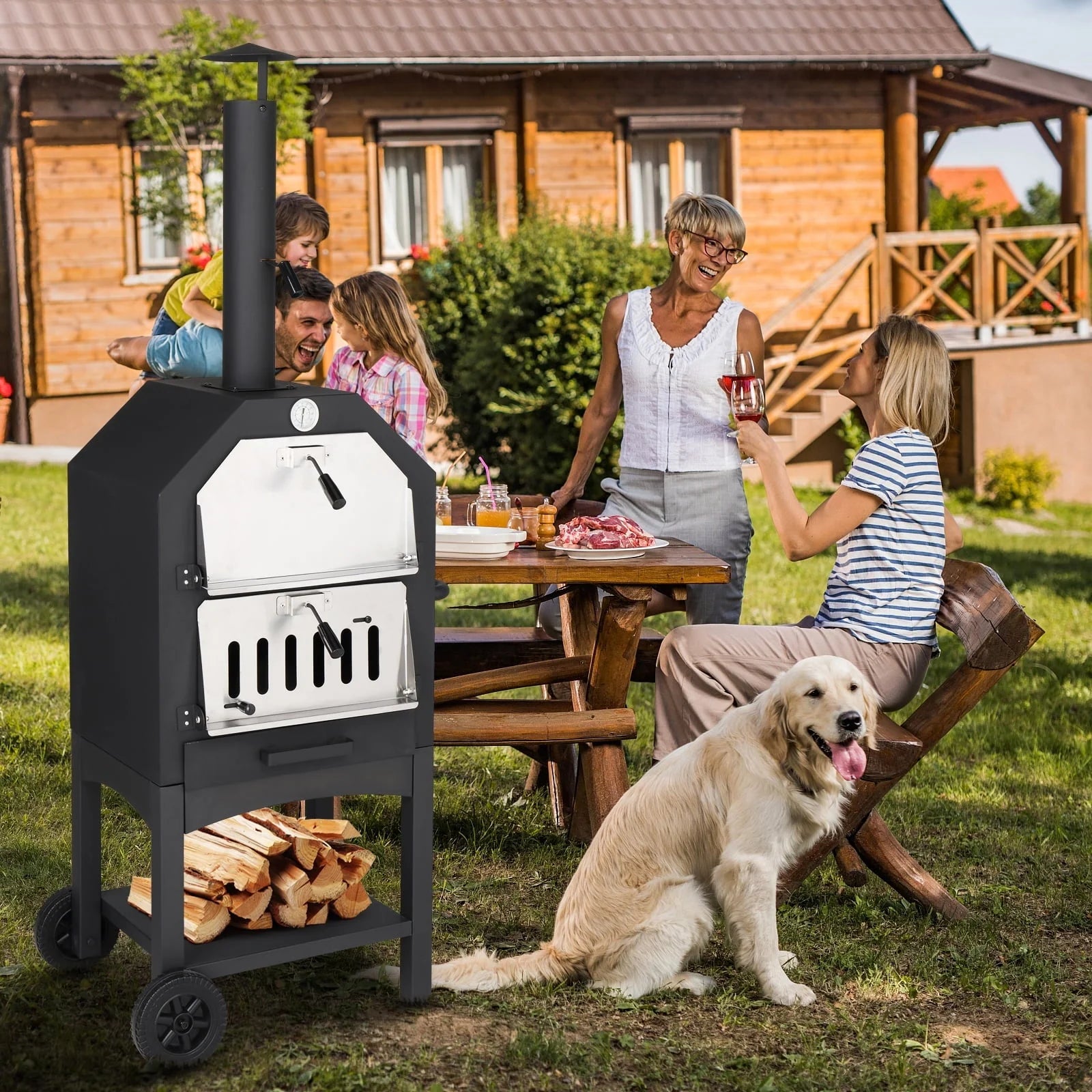SalonMore Outdoor Pizza Oven 14'' Wood Burning Patio Pizza Maker Removable w/Pizza Stone, Pizza Peel, Grill Rack