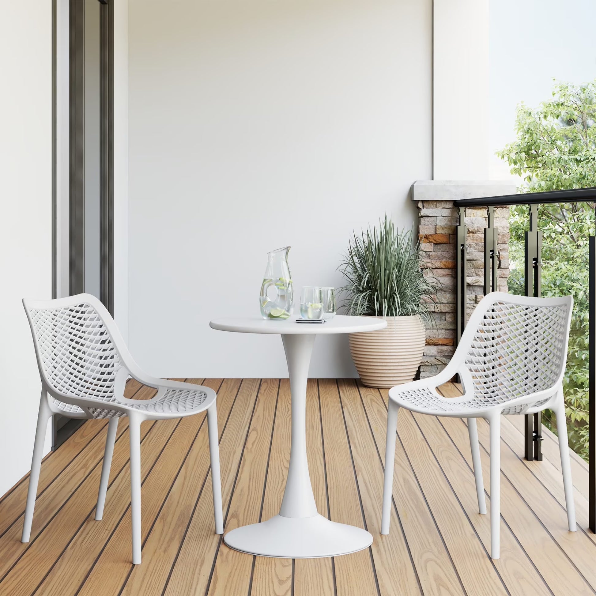 WestinTrends Playa 3-Piece Outdoor Round Metal Dining Table Set And Stackable Resin Patio Dining Side Chairs, Olive Green