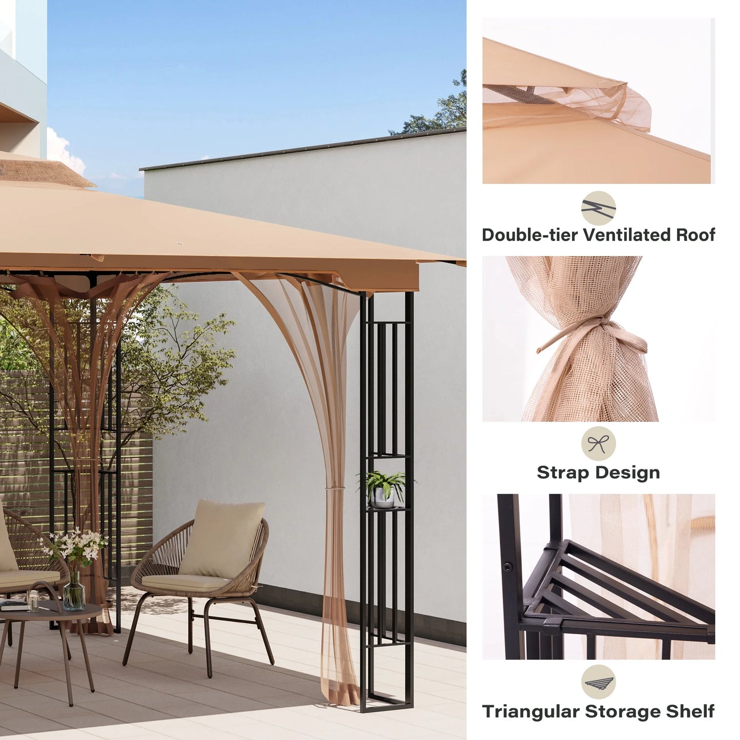 LAUSAINT HOME Patio Gazebo 13'x11',Heavy Duty Gazebos Shelter Party Tent with Double Roofs, Mosquito Nettings for Backyard, Garden, Lawn,(Khaki)