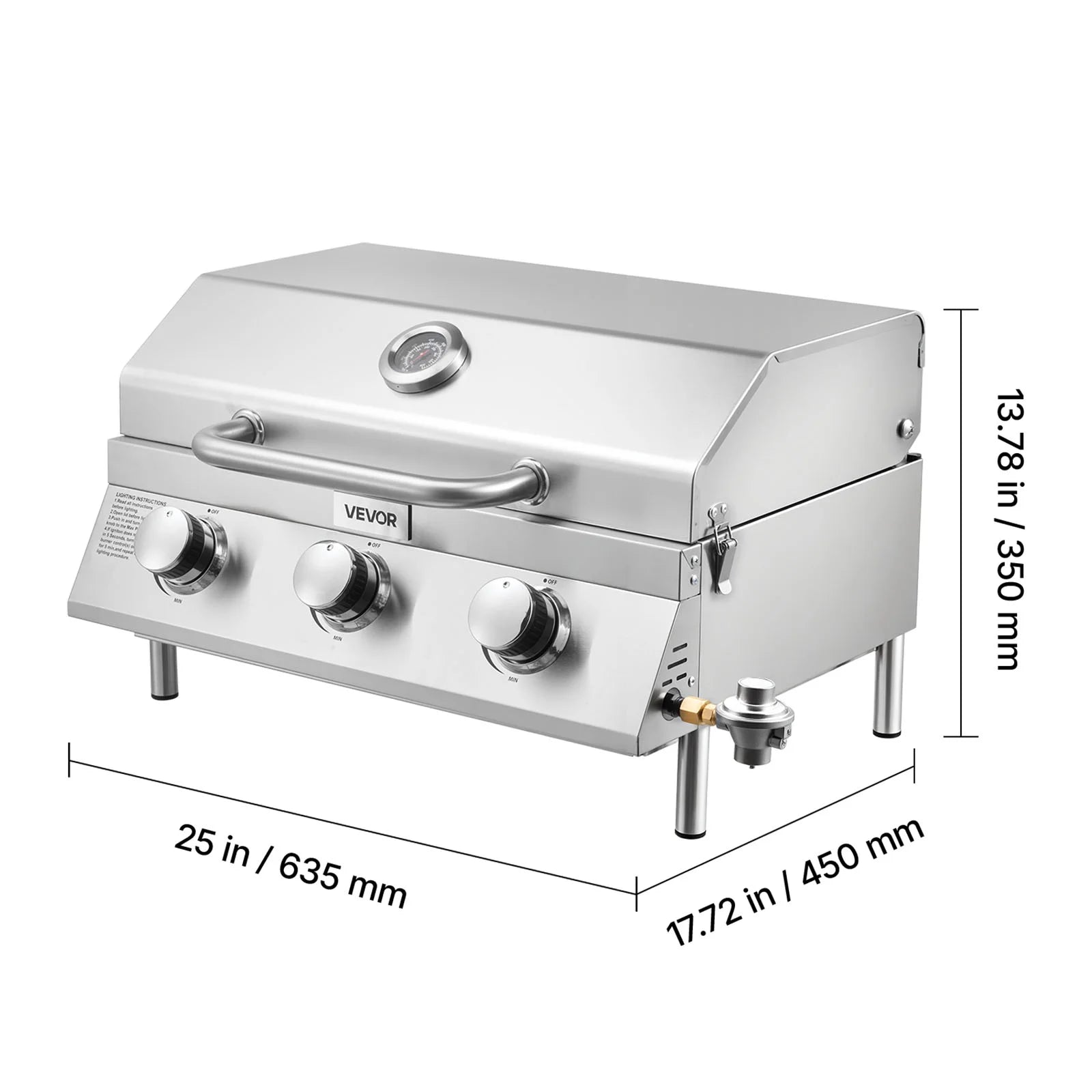 VEVOR Tabletop Gas Grill, 3-Burner Stainless Steel Portable Propane Grill, with Built-in Thermometer, Travel Locks, Weatherproof Lid, 22,500 BTU Total, for Outdoor Cooking,Patio,Party,Camping,RV