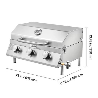 VEVOR Tabletop Gas Grill, 3-Burner Stainless Steel Portable Propane Grill, with Built-in Thermometer, Travel Locks, Weatherproof Lid, 22,500 BTU Total, for Outdoor Cooking,Patio,Party,Camping,RV
