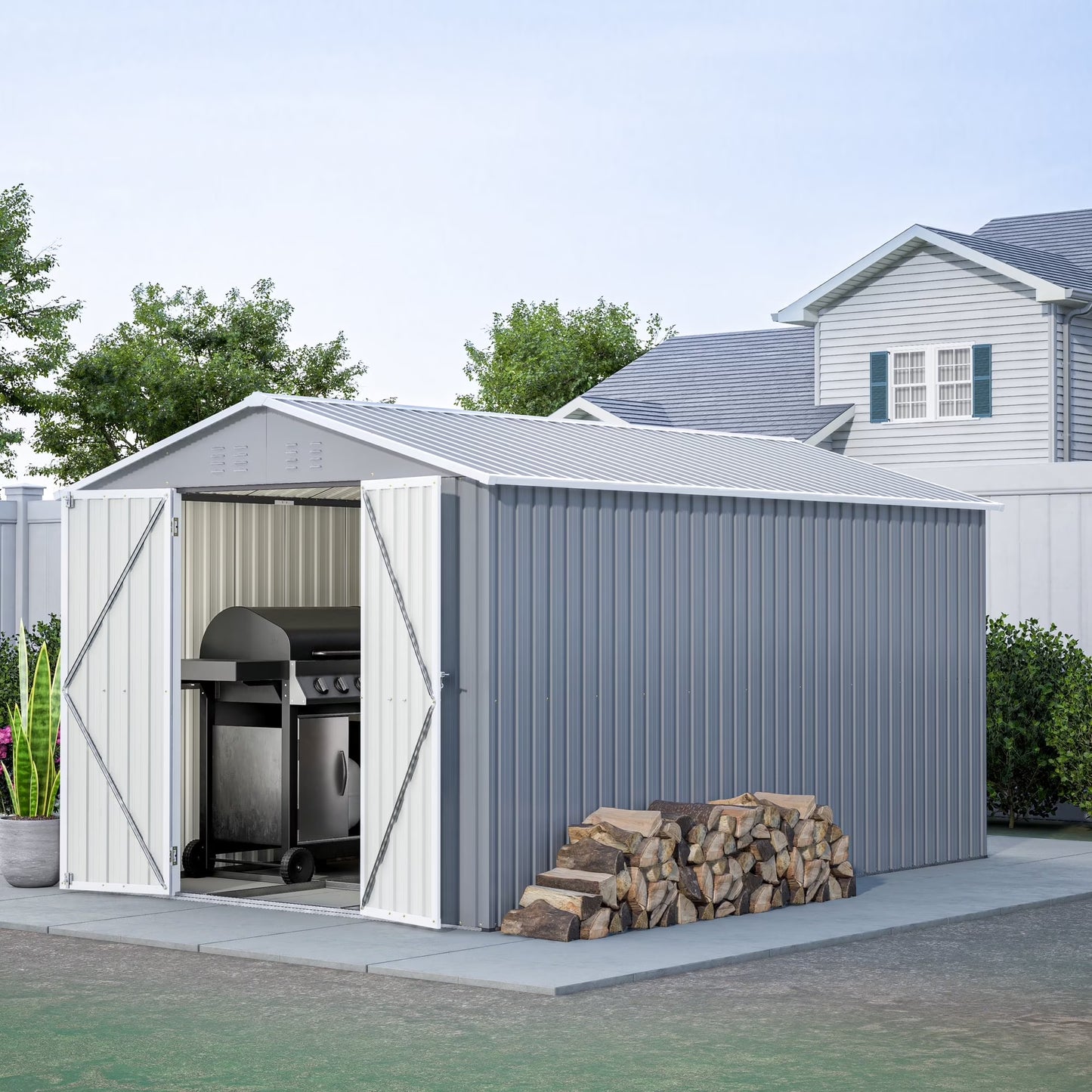 LZBEITEM 10 x 10 ft Outdoor Storage Shed with Floor Frame Kit, Galvanized Steel Garden Sheds, Garden Tool Shed with Double Lockable Doors for Backyard Patio Lawn, Grey