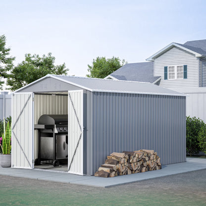 LZBEITEM 10 x 10 ft Outdoor Storage Shed with Floor Frame Kit, Galvanized Steel Garden Sheds, Garden Tool Shed with Double Lockable Doors for Backyard Patio Lawn, Grey