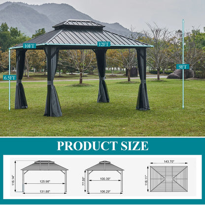 Aoxun 10'x12' Hardtop Gazebo, Outdoor Steel Double Roof Canopy, Aluminum Frame Permanent Pavilion with Curtains and Netting, Sunshade for Garden, Patio, Lawns, Black