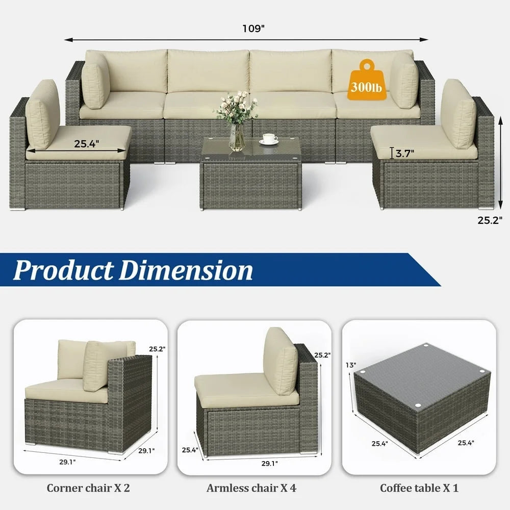 SUNVIVI 7 Pieces Patio Furniture Sets, All-Weather PE Grey Wicker Outdoor Rattan Sectional Sofa, Patio Sofa Couch with Table and Beige Cushions