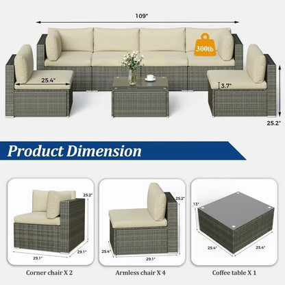 SUNVIVI 7 Pieces Patio Furniture Sets, All-Weather PE Grey Wicker Outdoor Rattan Sectional Sofa, Patio Sofa Couch with Table and Beige Cushions