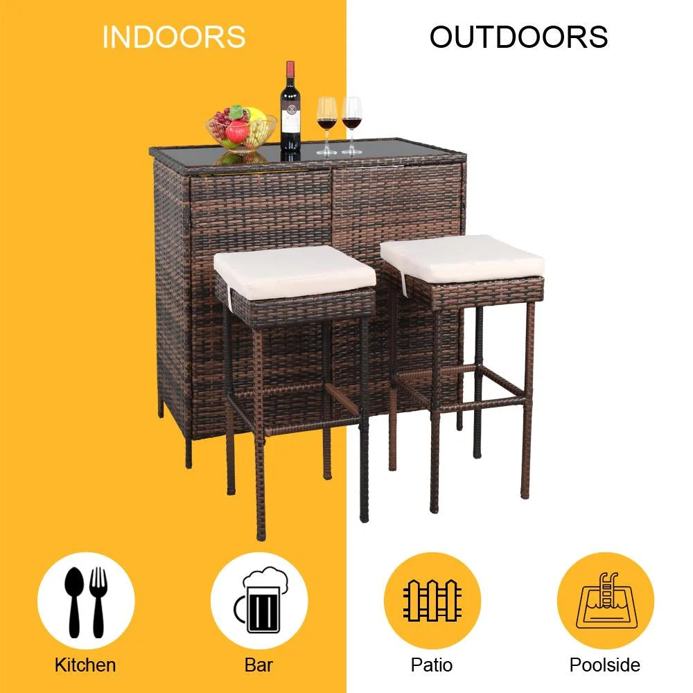 Ktaxon 3PCS Wicker Bar Set Patio Outdoor Table & 2 Stools Furniture Steel, Outdoor Bistro Set w/Wicker Bar Stools