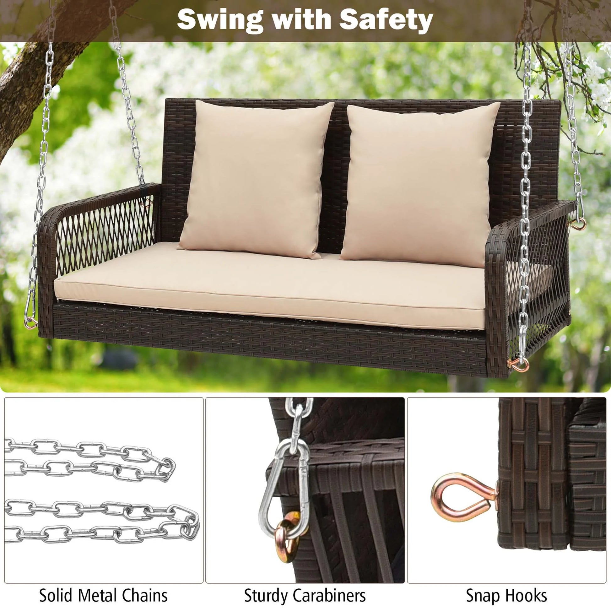 Costway Patio Wicker Porch Swing 2-Person Hanging Loveseat Bench Chair with Cushions Beige