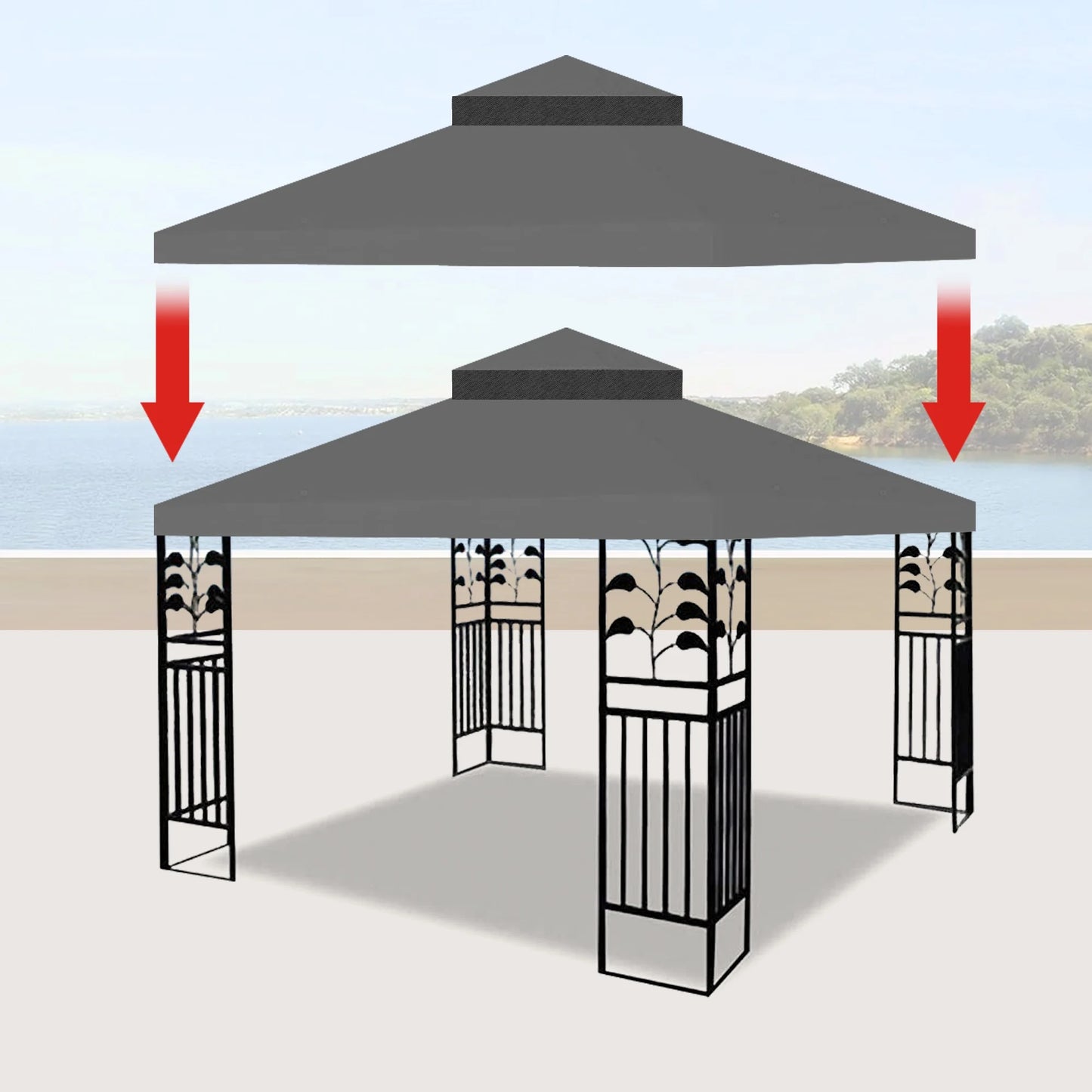 Ataucjin Outdoor Patio Gazebo Replacement Canopy With Air Vent For 2 Tier Outdoor Patio Garden Tent Frames 10x10 Ft (Frame Not Include)