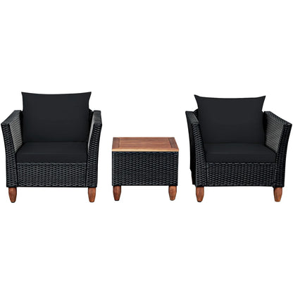 Costway 3PCS Outdoor Patio Rattan Furniture Set Wooden Table Top Cushioned Sofa Navy