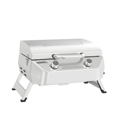 Nexgrill Stainless Steel 2-Burner Portable Gas Grill with Locking Lid, Folding Legs, 20,000 BTUs, 251 SQ In Cooking Space, Tabletop Grill for Camping, Outdoor Cooking, Patios, and More - 820-0007GE