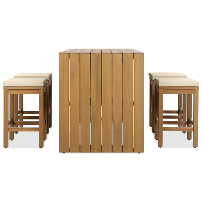 Bellemave 5-Piece Outdoor Bar Set Patio Acacia Wood Bar Height Table and Stools Dining Bar Set with Beige Cushion for Garden, Yard, Poolside